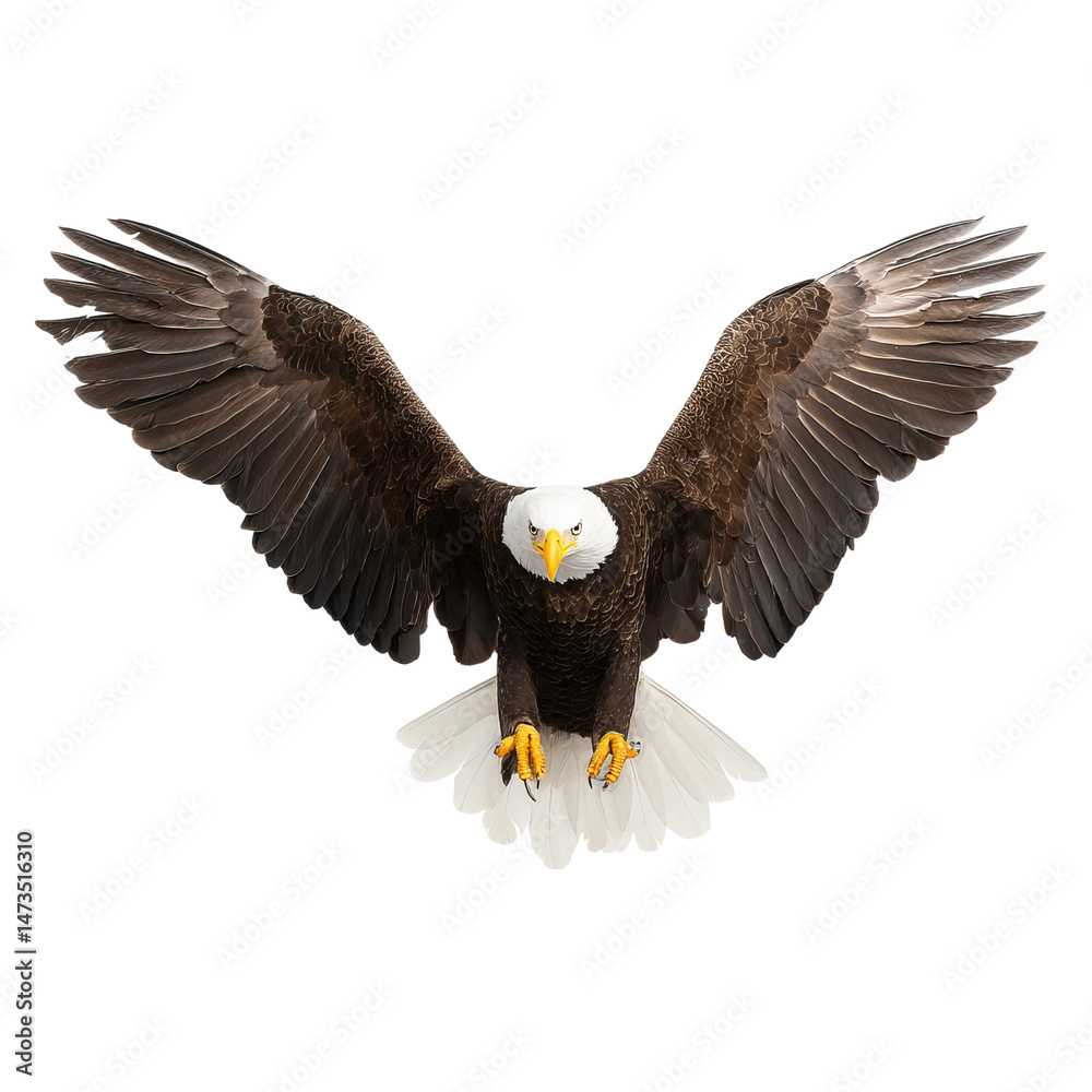Fototapeta premium A bald eagle soaring through the air, its wings fully extended