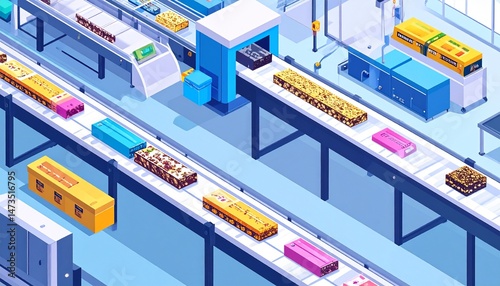 Conveyor belts move boxed goods along a factory production line, passing through various processing stations