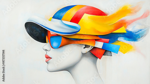 Colorful Hat with Woman Profile, and Abstract Art.