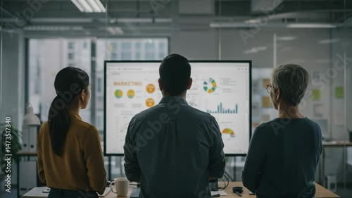 Diverse Group of Three Professionals Analyzing Marketing Data on a Large Screen in a Modern Office Environment, Focusing on Trends and Strategies