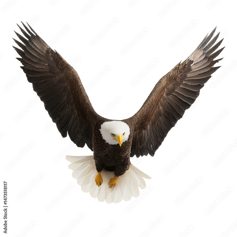 Fototapeta premium A majestic bald eagle soaring through the air, showcasing its impressive wingspan and fierce gaze. The eagle appears focused and determined, ready to take flight.