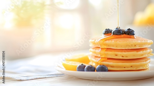 Golden Pancakes Stack with Syrup and Blueberries photo