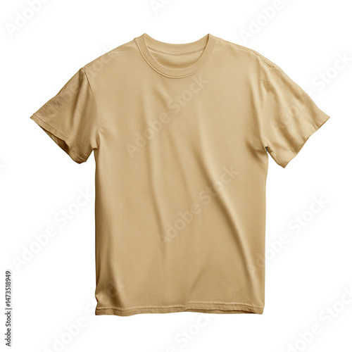 A plain beige t-shirt displayed, ideal for showcasing design or wearing. The fabric has a soft appearance, suggesting comfort and versatility