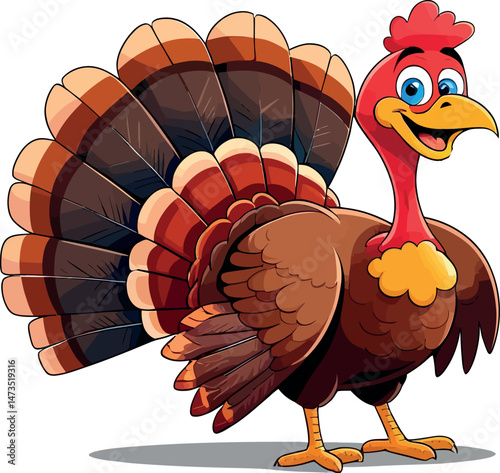 A cute cartoon turkey vector illustration, a funny Thanksgiving bird, happy holiday fowl