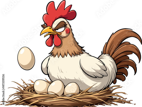 A chicken with eggs in a nest