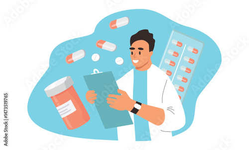 vector hand drawn illustration - tablets, pills and doctor