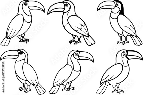 Set of toucan bird outline vector illustration line art