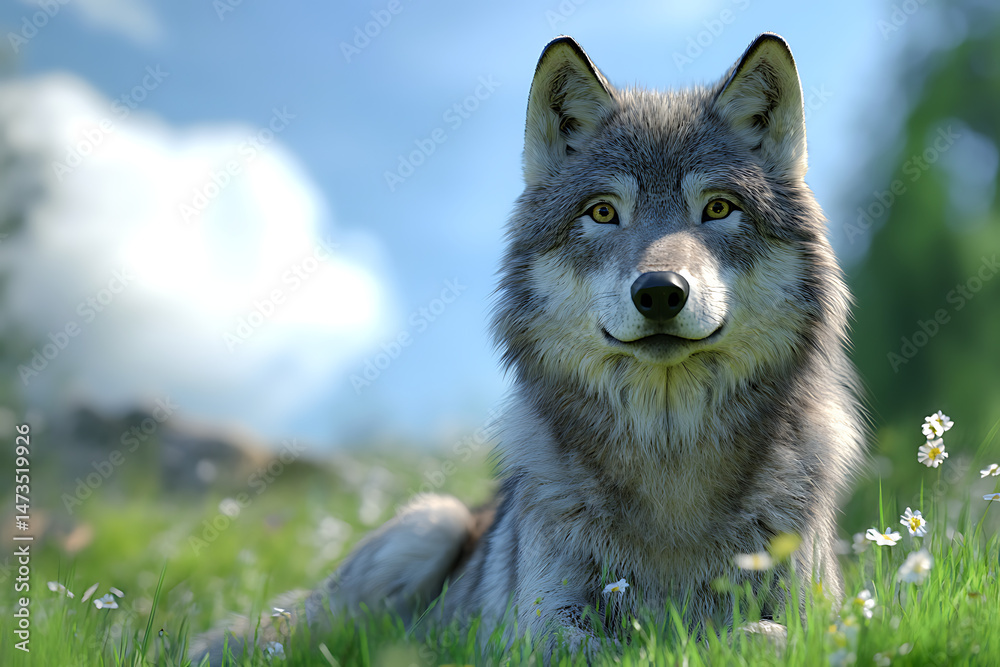 Fototapeta premium A close-up of a majestic wolf resting in a vibrant green meadow under a clear blue sky