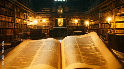 Ancient book lies open on a wooden table in a grand, dimly lit library filled with towering shelves of dusty volumes