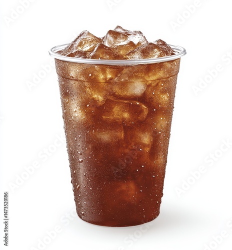 Iced dark brown soda in clear plastic cup