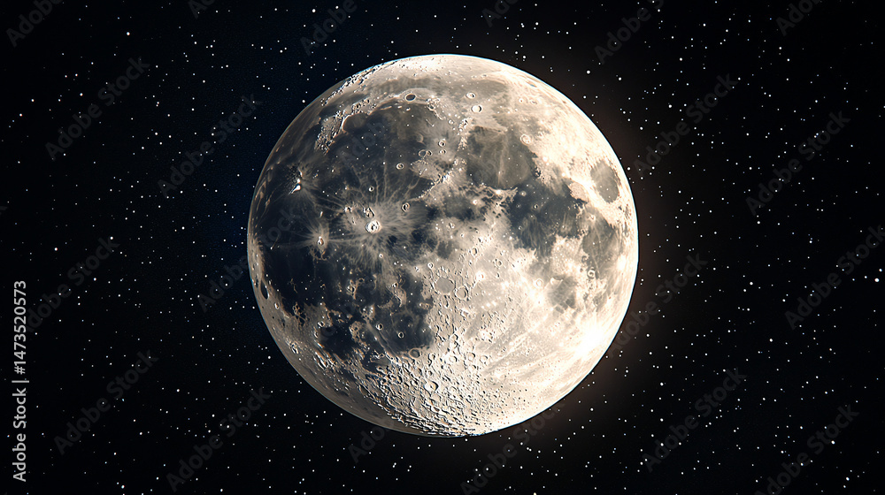 Fototapeta premium Captivating full moon illuminating clouds and stars in night sky, sky with moon and clouds