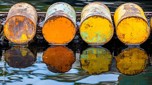 Colorful Rusty Barrels Reflected in Calm Water Surface