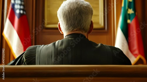 Courtroom setting features judge in official robe contemplating case with flags in background