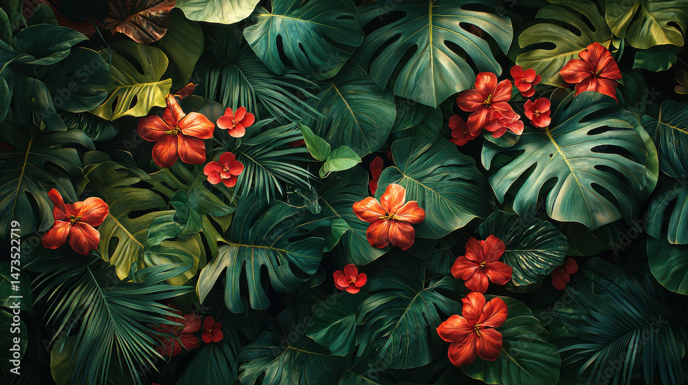 Naklejka premium A dense, vibrant jungle foliage, a lush tapestry of emerald and crimson leaves, teeming with tropical flora, captured in a high-resolution PNG format, perfect for your next design project 