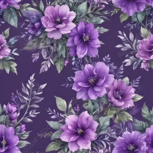 Vibrant purple watercolor blooms & foliage, rich texture , painting, background, clipart
