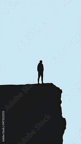 🔹 Minimal Silhouette on the Edge 🔹
A striking minimalist artwork featuring a lone figure standing on a cliff, silhouetted against a pale blue sky. This visual captures solitude AI-generated image