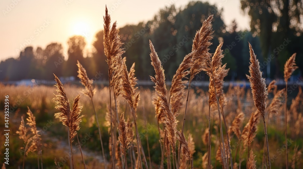 Fototapeta premium In a vast meadow, tall grass sways gracefully in the wind, bathed in soft golden light during the late afternoon. The tranquil atmosphere invites contemplation
