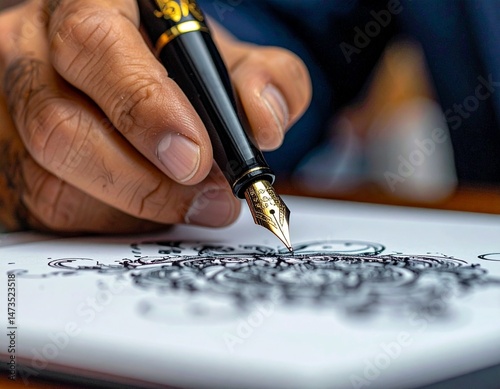 Hand drawing detailed circles with an elegant fountain pen on a white surface