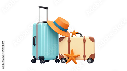 Two stylish travel suitcases with sunhat and starfish, symbolizing summer vacation and holiday trips