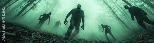 Horde of zombies moving silently through dense forest creating a chilling and terrifying scene