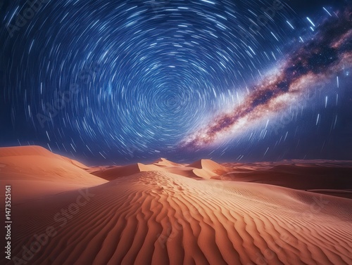 Milky Way and star trails over desert dunes
