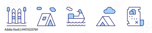 jetski, skisticks, tent, treasuremap. Adventure Icon vector illustration. Line Duotone style. Editable stroke
