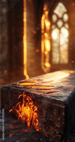 Ancient stone slab ablaze with infernal fire