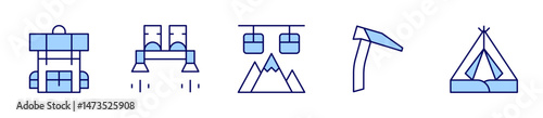 adventure, iceaxe, flyboard, campingtent, cablecar. Adventure Icon vector illustration. Line Duotone style. Editable stroke