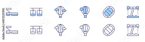 Adventure icon set in two styles, Duotone and Thin Line style. Editable stroke. crampons, hotairballoon, cablecar, life, flyboard