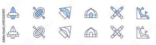 Adventure icon set in two styles, Duotone and Thin Line style. Editable stroke. surf, tent, raft, ski, skydiving, slalom