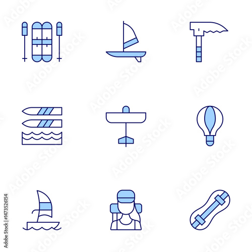 Adventure icons set. Line Duotone style, editable stroke. ski, windsurf, waterskiing, traveler, ultralight, hotairballoon, climbingequipment, snowboard