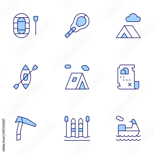 Adventure icons set. Line Duotone style, editable stroke. canoe, carabiner, jetski, iceaxe, skisticks, tent, rafting, treasuremap