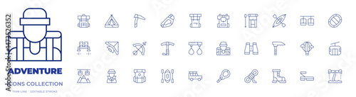 Adventure icons collection. Thin Line icons, editable stroke. adventure, adventurer, archery, ascend, backpack, binoculars, boot, cablecar, cablecarcabin, canoe