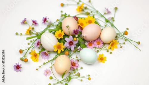 Pastel eggs, greenery, wildflowers scattered on white background; ample copy space, decoration, simple