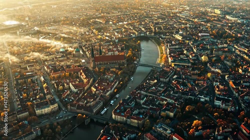 Aerial view showcasing the stunning city of Augsburg in Germany during a sunny day, Aerial view of the city Augsburg in Germany ona sunny morning in autumn