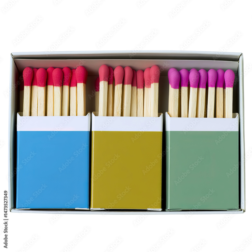 Naklejka premium A set of colorful matches in a box. They are arranged in three rows, with each row containing a different color of matches. The colors of the matches are red, pink and green, while the boxes are blue.