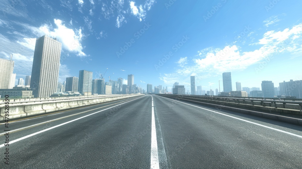 Fototapeta premium Empty highway leading to a modern city skyline under a bright blue sky with fluffy clouds.