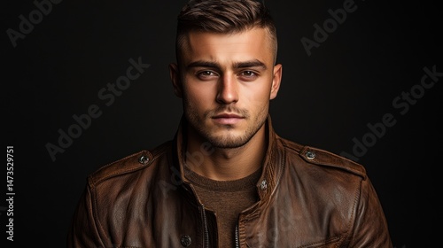Man with faded crew cut, dressed in a sleek leather jacket, embodying a look of clean rebellion.