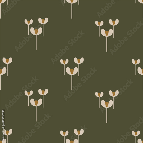 Abstract flowers arranged in pairs of three forming a minimalist simple floral pattern in colors of off white, yellow on green background. Seamless vector pattern. Great for homedecor, fabric, gifting