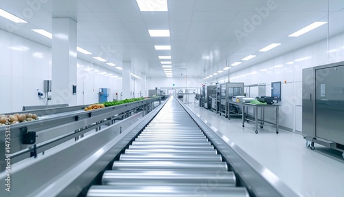 Long conveyor belt in a clean, industrial room with food items and processing equipment