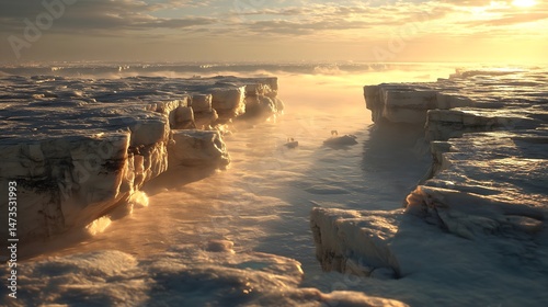Vast Arctic ice shelf glows with golden light at sunrise, revealing breathtaking scenery and tranquil beauty of nature