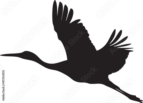Single stork silhouette soaring isolated white background