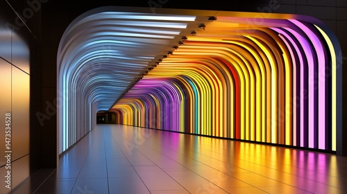 Colorful arched LED lights illuminate a reflective tunnel