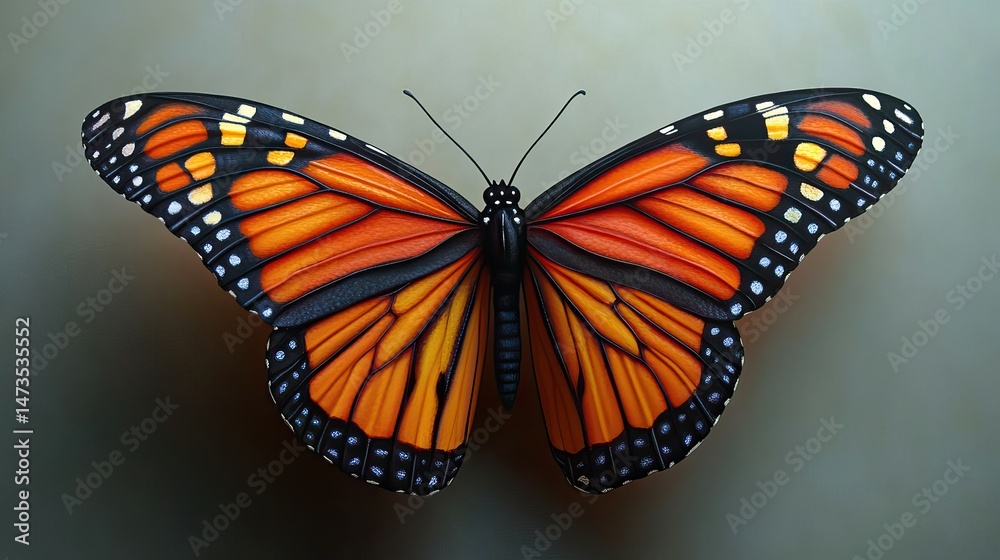 Fototapeta premium A close-up of a monarch butterfly with its distinctive orange and black wings in flight, showcasing the beauty and grace of this migratory insect
