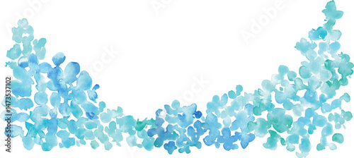 水彩画。水彩タッチの紫陽花ベクターイラスト。紫陽花の梅雨夏フレーム。手書きの草木と花背景。