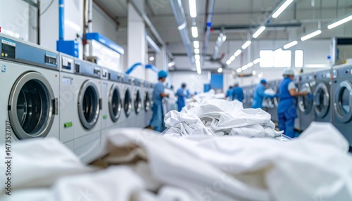 Laundry facility shows workers using machines, with white textiles in the foreground