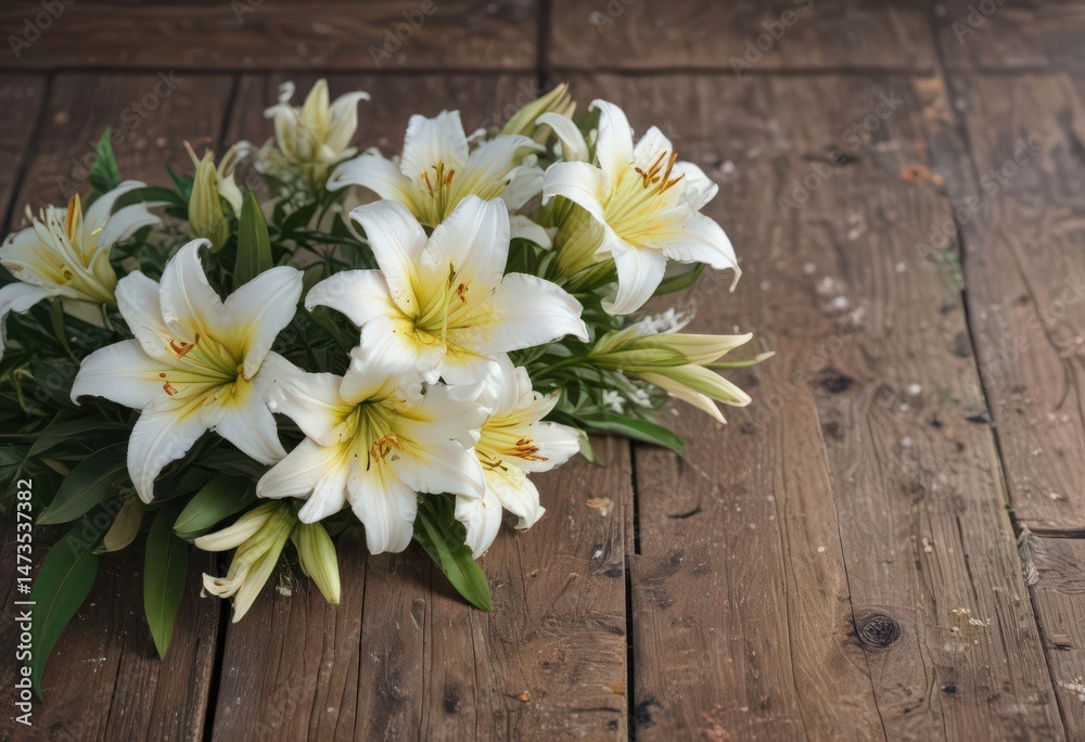 Obraz premium Delicate lilies arranged on rustic wood, vibrant blooms , arrangement, top view, nature