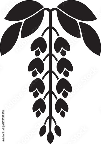 Minimalist Japanese Kamon-style floral emblem featuring cascading petal clusters and broad symmetrical leaves, solid black vector silhouette on white background