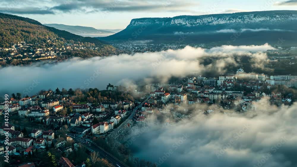 Clouds and tranquility envelop the city of Ambrieu-en-Bugey during early morning hours in France, Aerial view around the city AmbÃ©rieu-en-Bugey in France on a low cloud afternoon in late winter