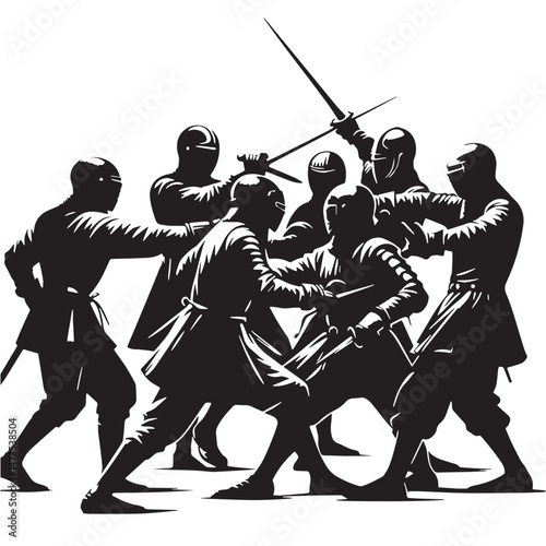 Historical European Martial Arts (HEMA) (Europe - medieval and renaissance fighting) Silhouette line art vector illustration on white background